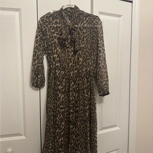 Banana Republic Leopard-Print Tie Neck Long Sleeve Midi Dress - Brown/Black